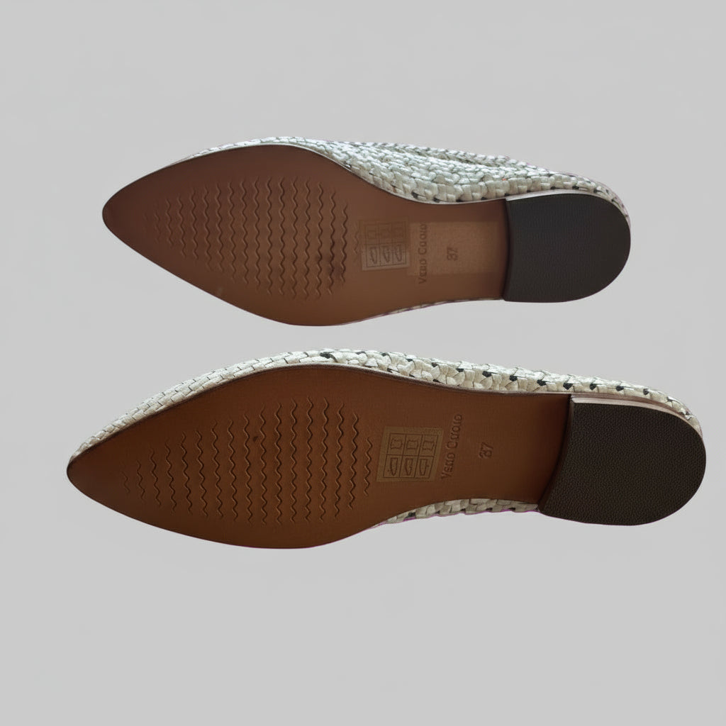 Two shoes shown from the sole on a pink background