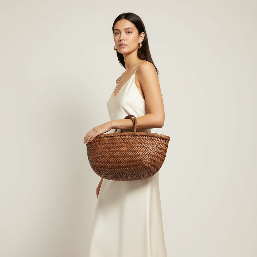 Genuine Leather Handmade Woven Tote / Hobo Bag - Light Brown (WHB001)