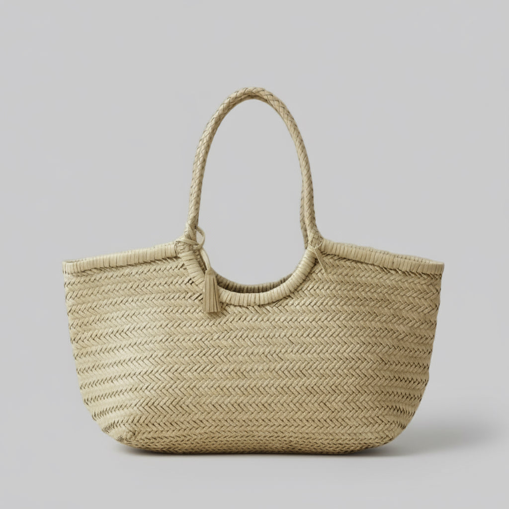 Genuine Leather Handmade Woven Tote / Hobo Bag - Beige (WHB007)