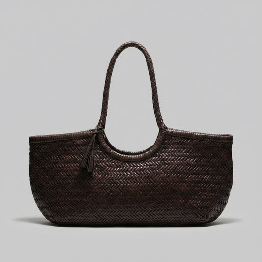 Genuine Leather Handmade Woven Tote / Hobo Bag - Coffee Brown (WHB008)