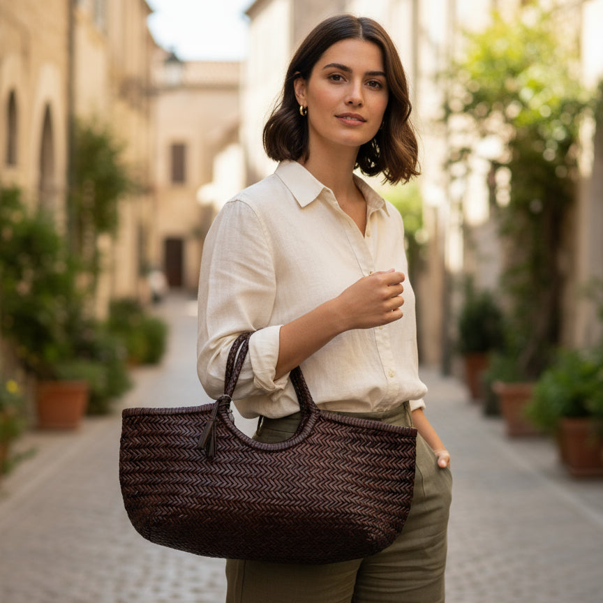 Genuine Leather Handmade Woven Tote / Hobo Bag - Coffee Brown (WHB008)