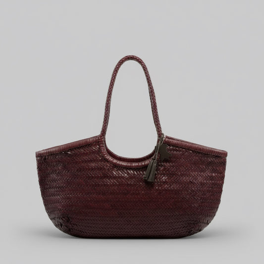 Genuine Leather Handmade Woven Tote / Hobo Bag - Dark Cherry (WHB009)