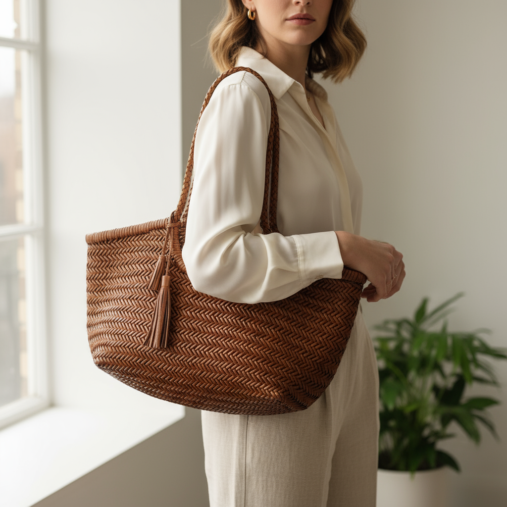 Genuine Leather Handmade Woven Tote / Hobo Bag - Dark Wood (WHB011)