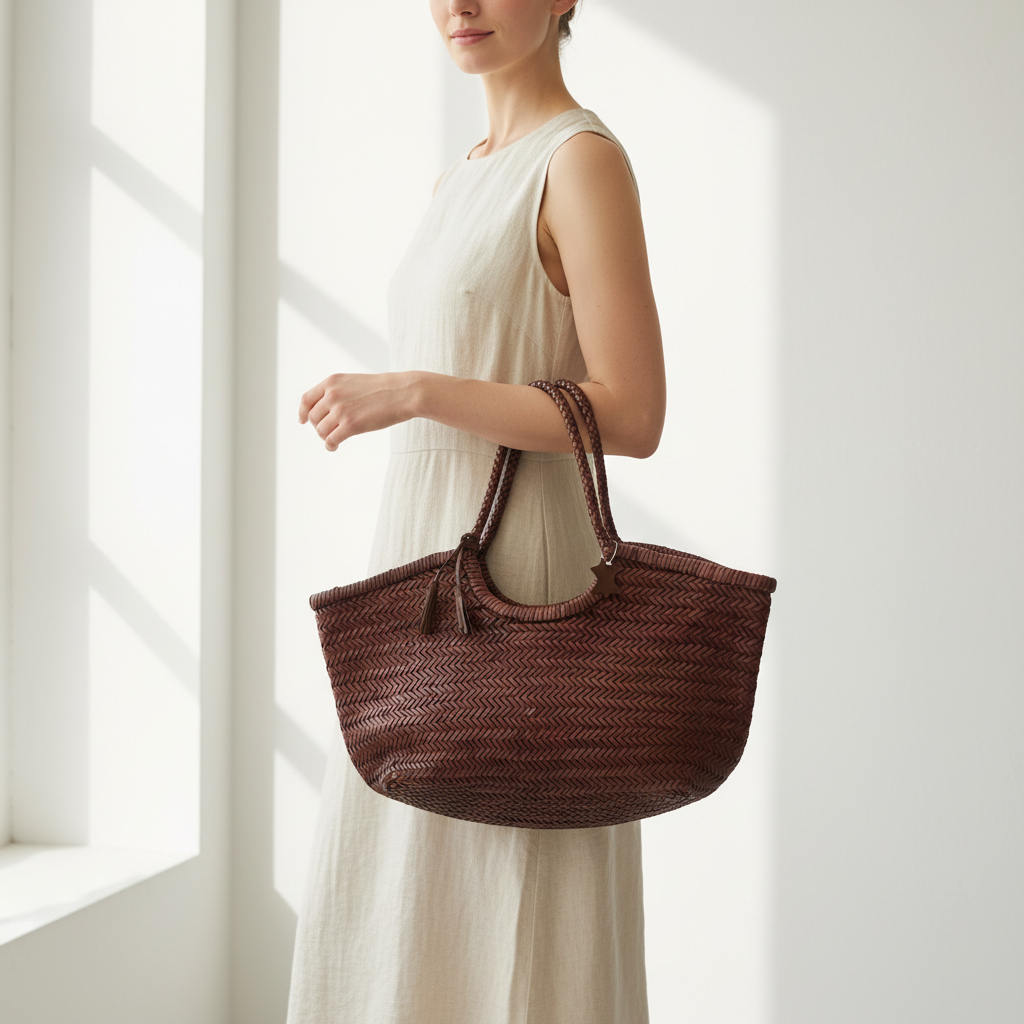 Genuine Leather Handmade Woven Tote / Hobo Bag - Brown (WHB012)