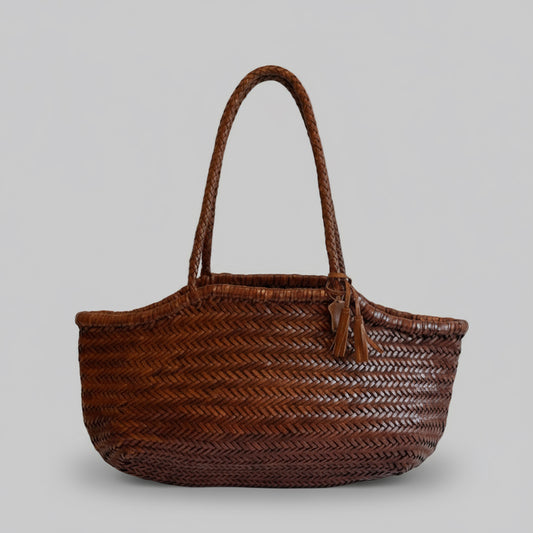 Genuine Leather Handmade Woven Tote / Hobo Bag - Dark Tan (WHB015)