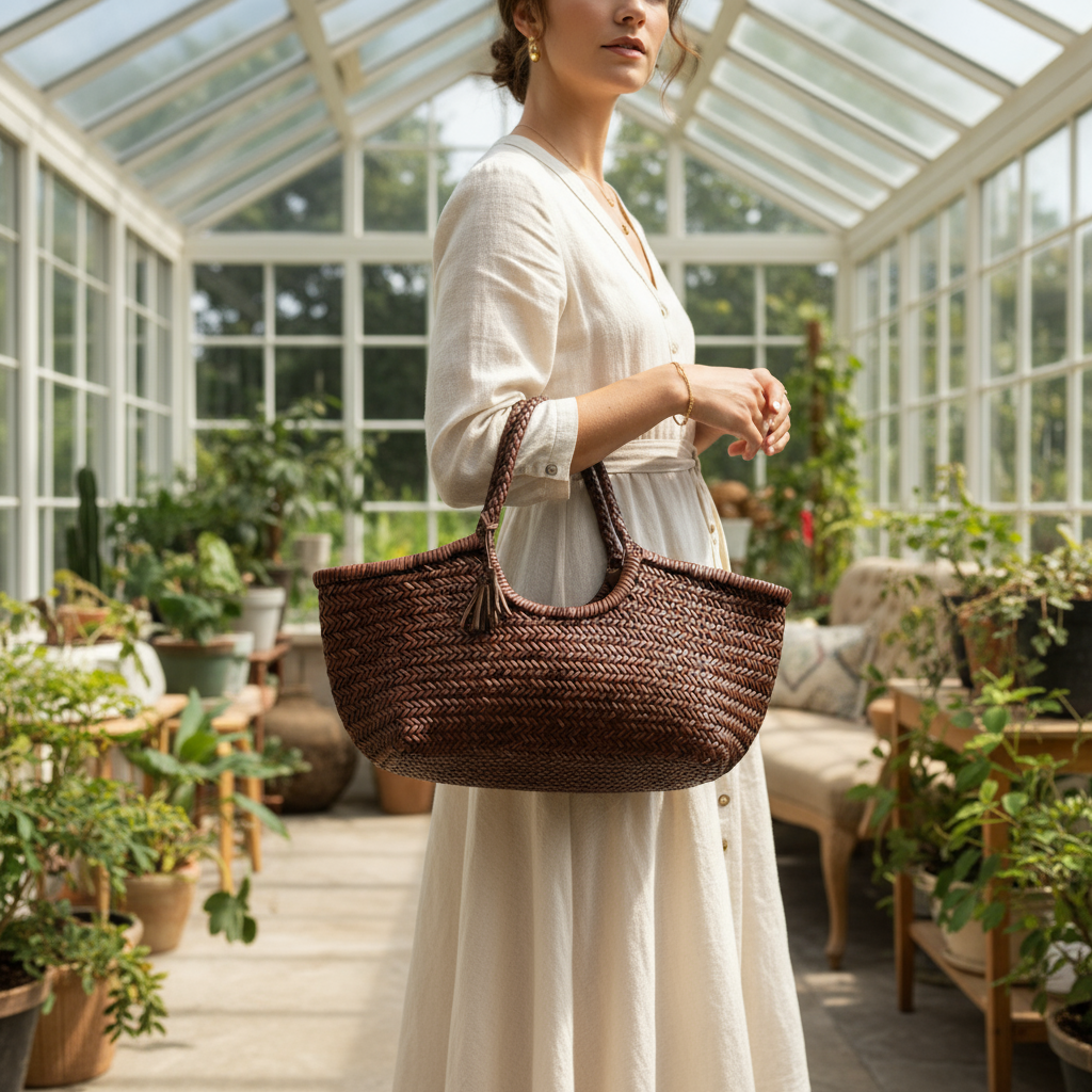 Genuine Leather Handmade Woven Tote / Hobo Bag - Dark Brown (WHB016)