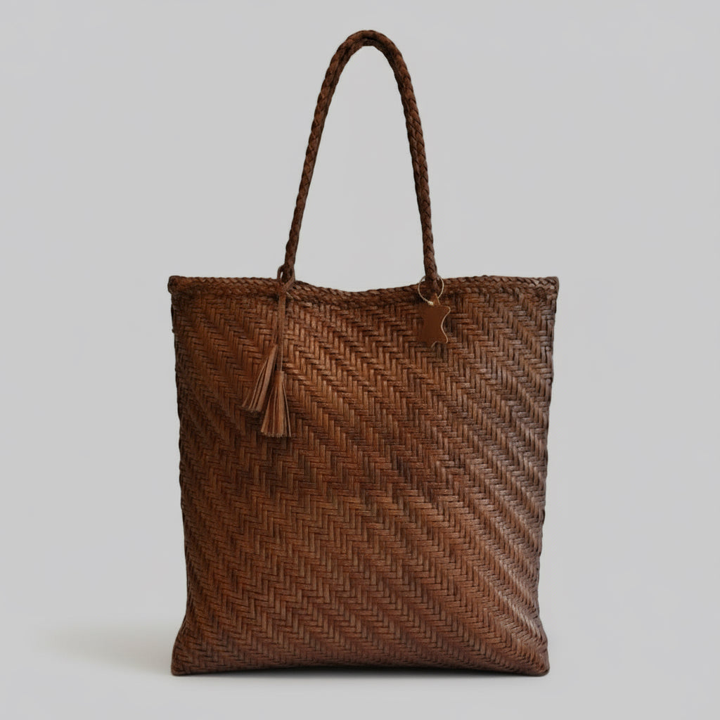 Genuine Leather Handmade Woven Tote / Hobo Bag - Dark Tan (WHB018)