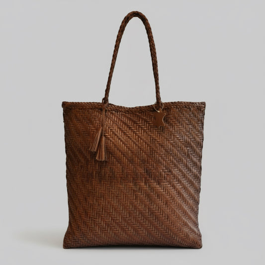 Genuine Leather Handmade Woven Tote / Hobo Bag - Dark Tan (WHB018)