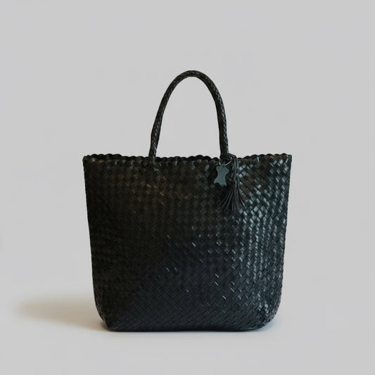 Genuine Leather Handmade Woven Tote / Hobo Bag - Black (WHB020)