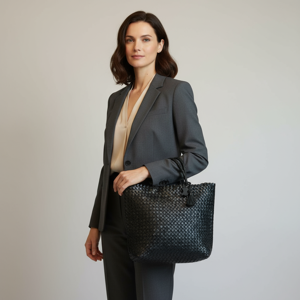 Genuine Leather Handmade Woven Tote / Hobo Bag - Black (WHB020)