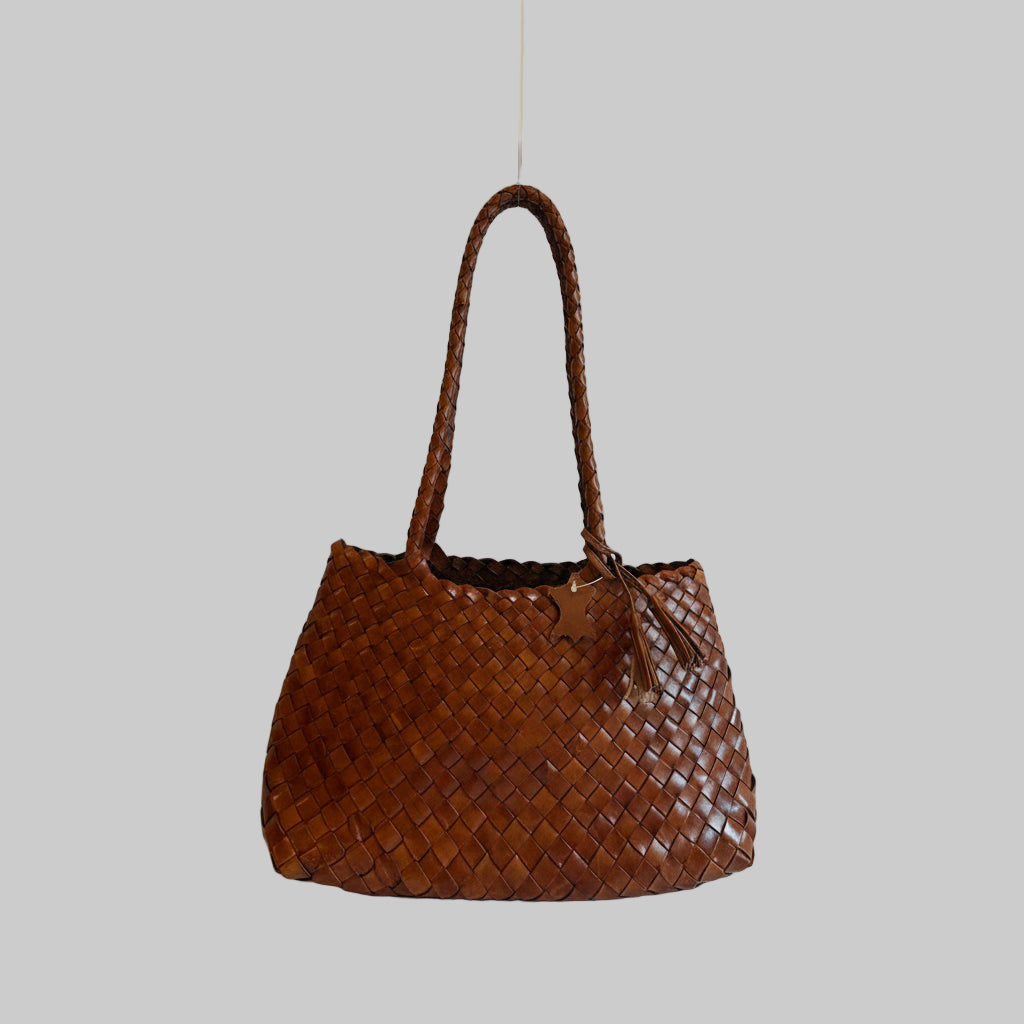 Genuine Leather Handmade Woven Tote / Hobo Bag - Tan (WHB022)