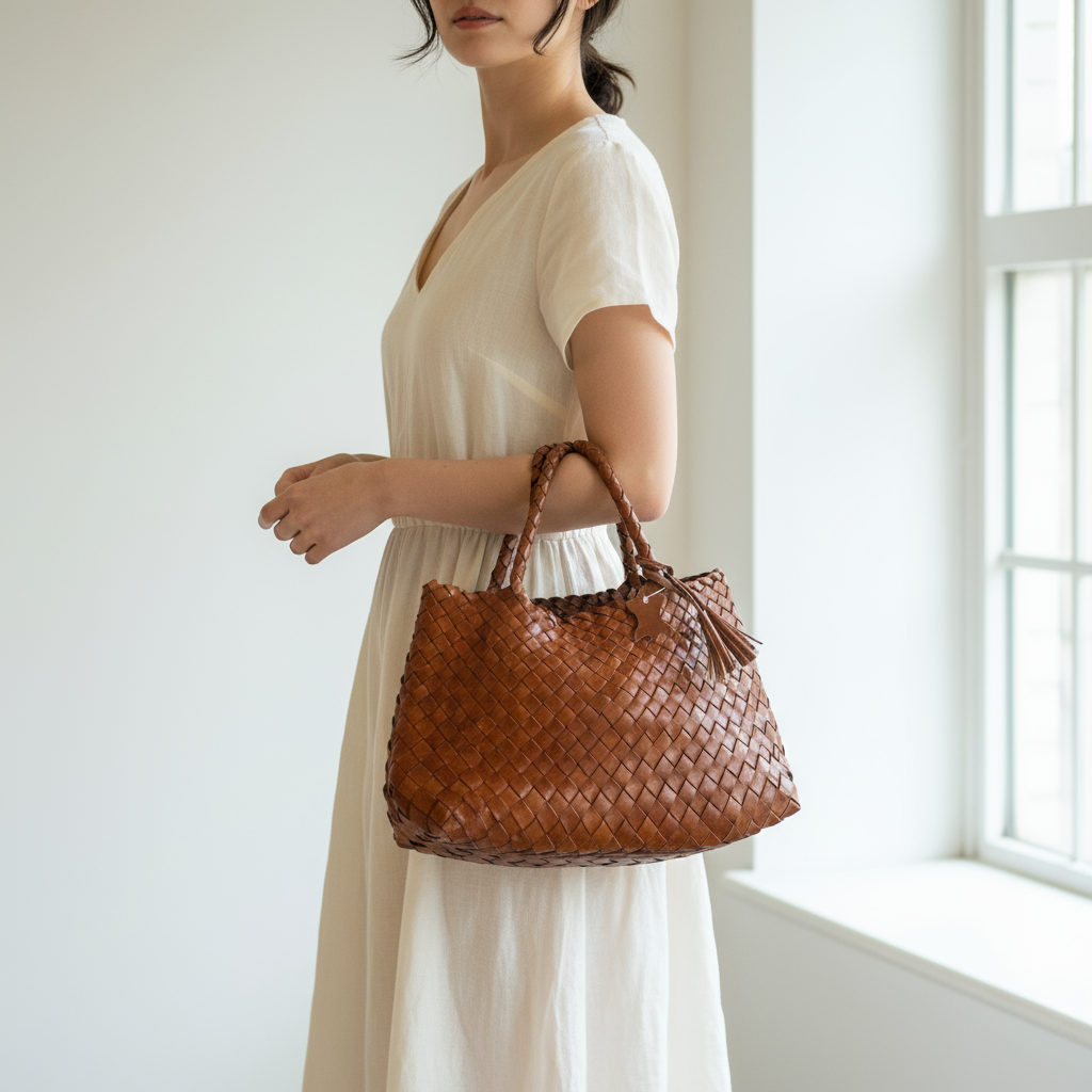 Genuine Leather Handmade Woven Tote / Hobo Bag - Tan (WHB022)