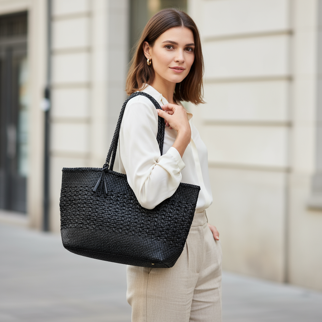 Genuine Leather Handmade Woven Tote / Hobo Bag - Black (WHB029)